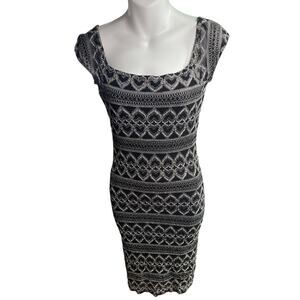 Vintage Hugo Buscati Black Beige  Heart Patterned Knit Bodycon Dress Size Medium